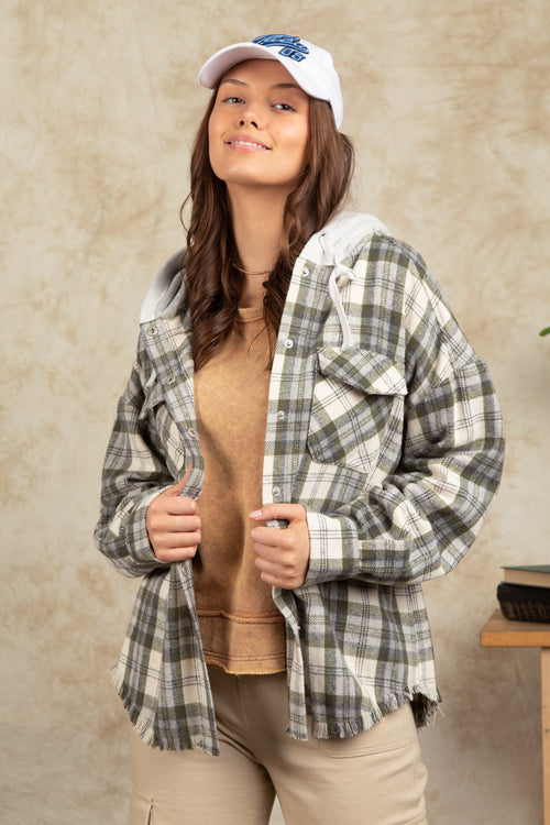 plaid shacket with hood