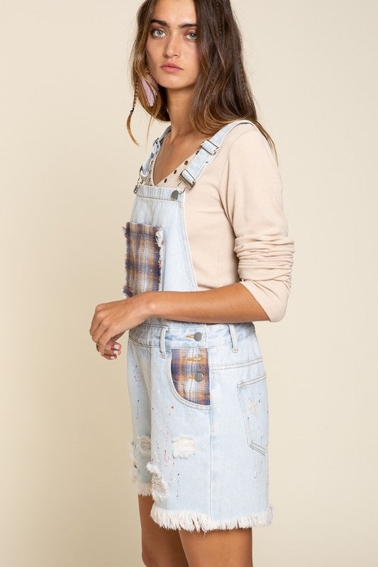 POL short overalls with plaid and paint detail