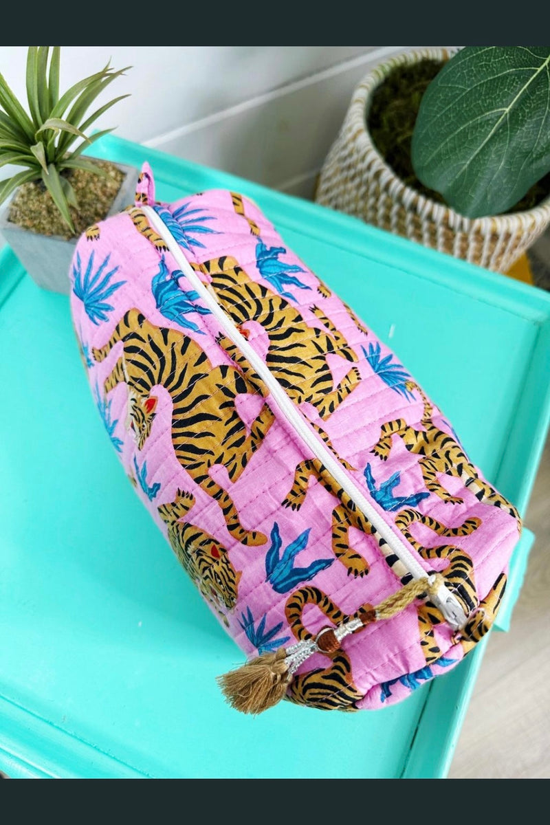 Quilted Cosmetics Toiletry Bag | Pink Tiger