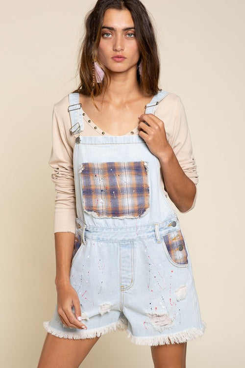 POL short overalls with plaid and paint detail