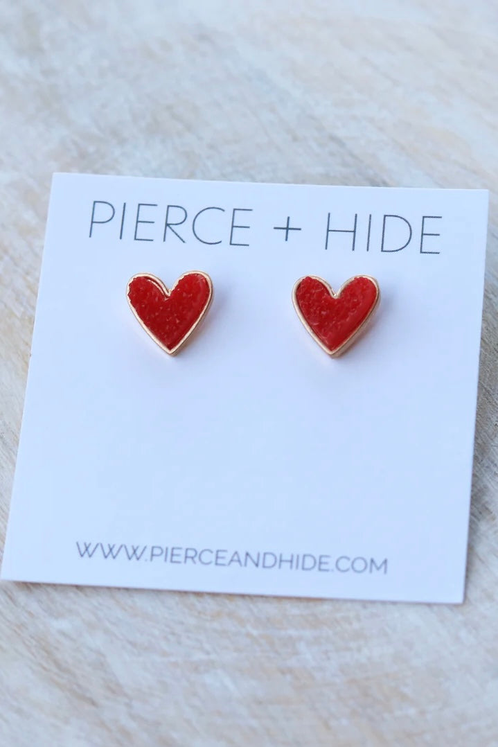 Pierce + Hide Druzy Heart Earrings | Red